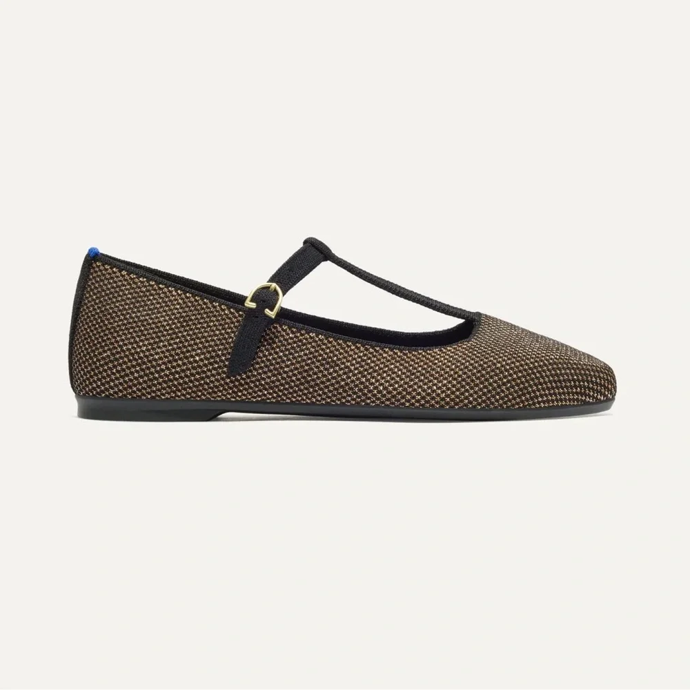 Rothy's T-Strap Mary Jane Flats Bronze Black Metallic Knit Women's Size 9 - Picture 3 of 10